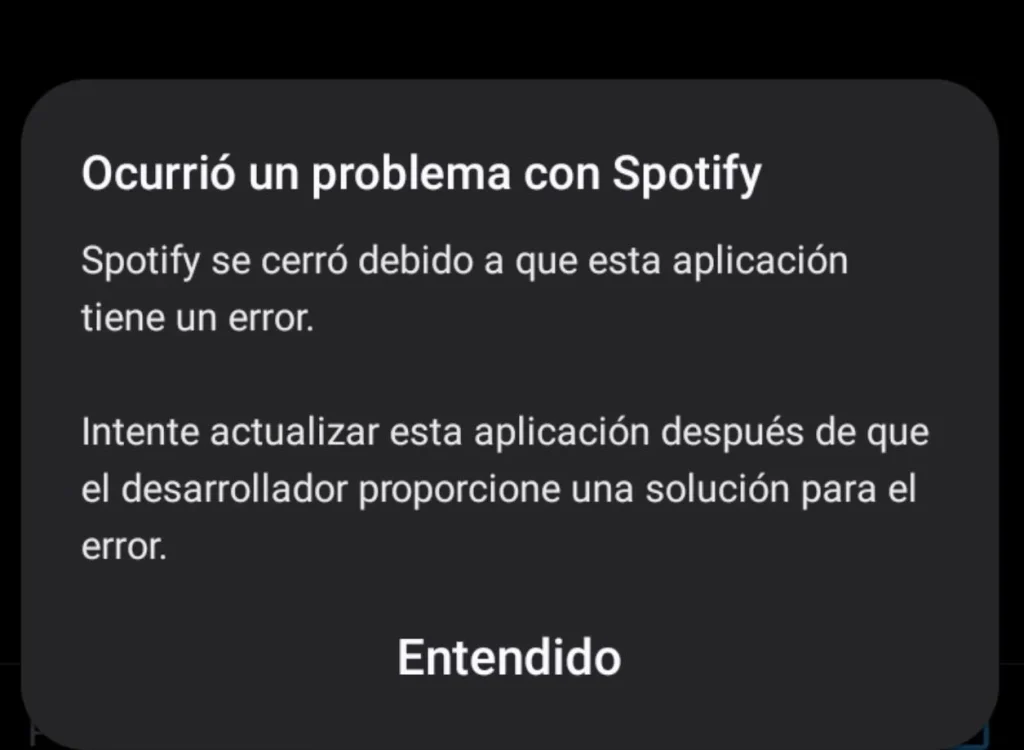 Spotify aprieta a los usuarios con nuevas suscripciones y vetos de un año en el Plan Familiar 4 Uno de los varios mensajes de error de Spotify que conllevaban el cierre forzado de la aplicación